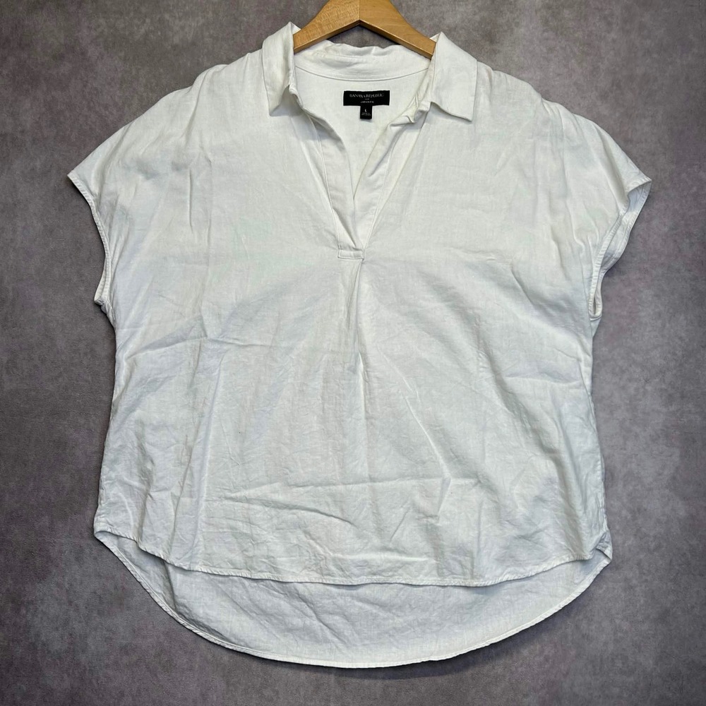 Banana Republic White Linen Blend V-Neck Short Sleeve Blouse Top Large
